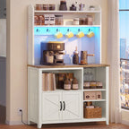VASAGLE Baker's Rack with LED Lights and Power Outlet, Farmhouse Coffee Bar Cabinet with 6 Hooks, 35.4 x 14.2 x 68.9 Inches, Cloud White and Brown Liry Collection UKKS113W101S