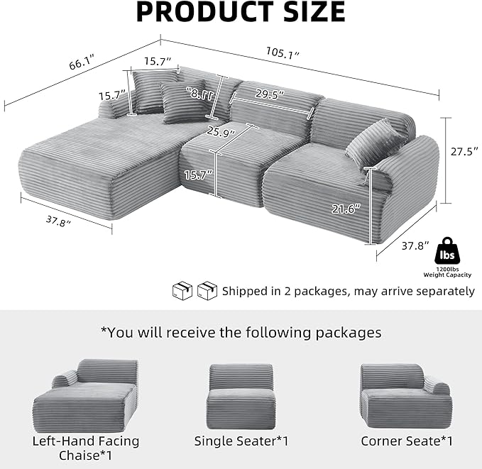 Modular Floor Sofa, Cozy Corduroy Sectional Couch with Fully Washable Covers, Frameless L Shaped Couch for Living Room, Family & Pet Friendly Lounge, No Assembly(Light Gray,Left Facing Chaise)