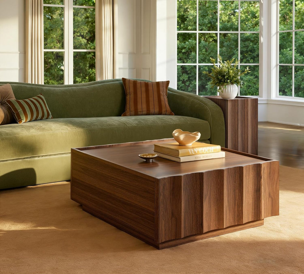 win2win Square Coffee Table with Storage, Wave Design, Walnut