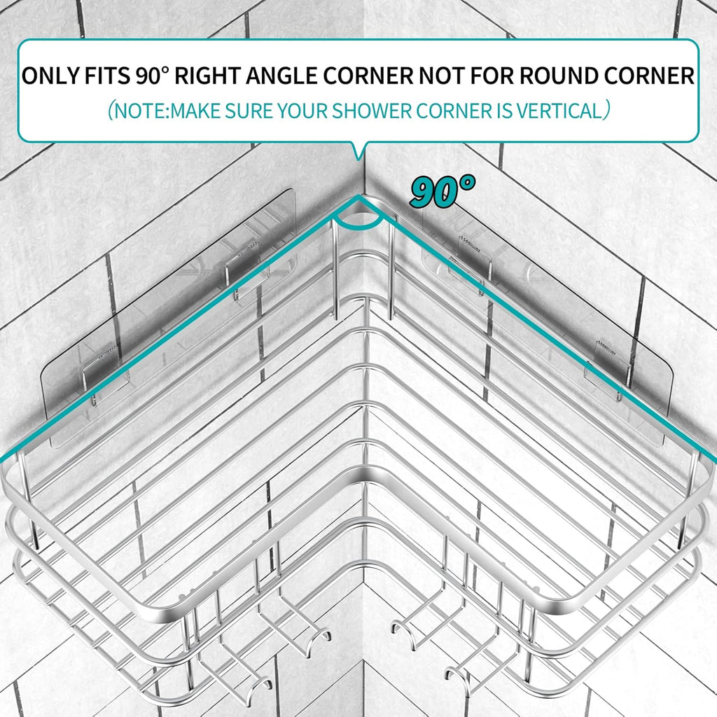 Yazoni Corner Shower Caddy, Adhesive Shower Shelves No Drilling [2-Pack], Rustproof Stainless Steel Bathroom Shower Organizer with 8 Hooks