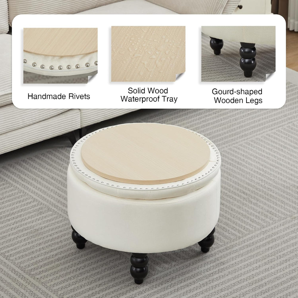 24 Inch Fabric Round Ottoman with Storage, Modern Upholstered Button Tufted O...
