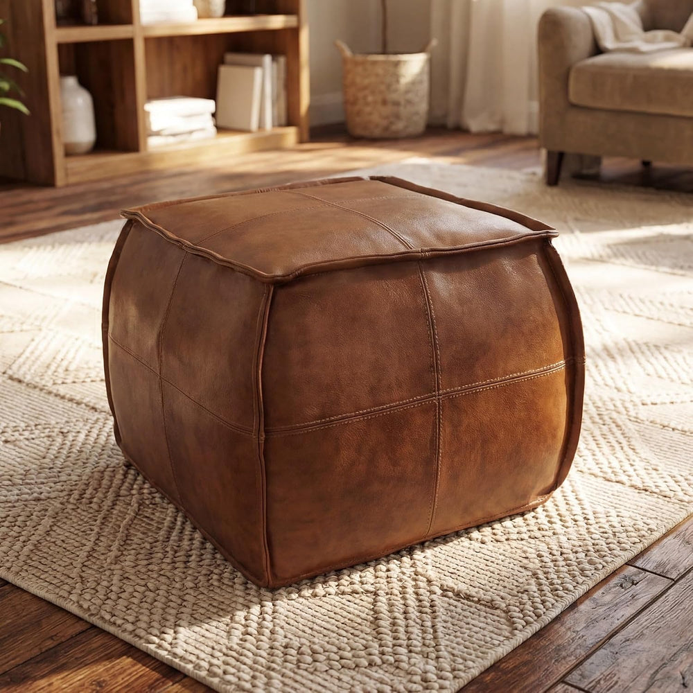 Leather Ottoman,Handmade Stuffed Square Ottoman,Genuine Leather Pouf, Foot Re...