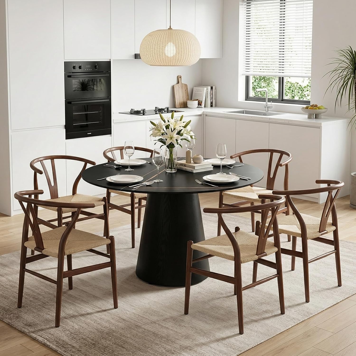 Faux Marble Round Dining Table for 4-6, 42" Modern Round Kitchen Table with Sintered Stone Top and Wood Stable Pedestal for Apartment,Restaurant,Small Space (Black