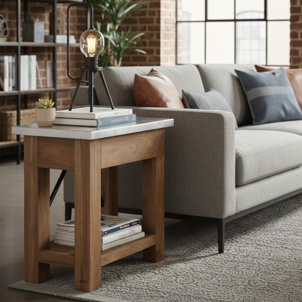 Millwork End Table with Steel Top – Rustic Industrial Narrow Side Table with ...