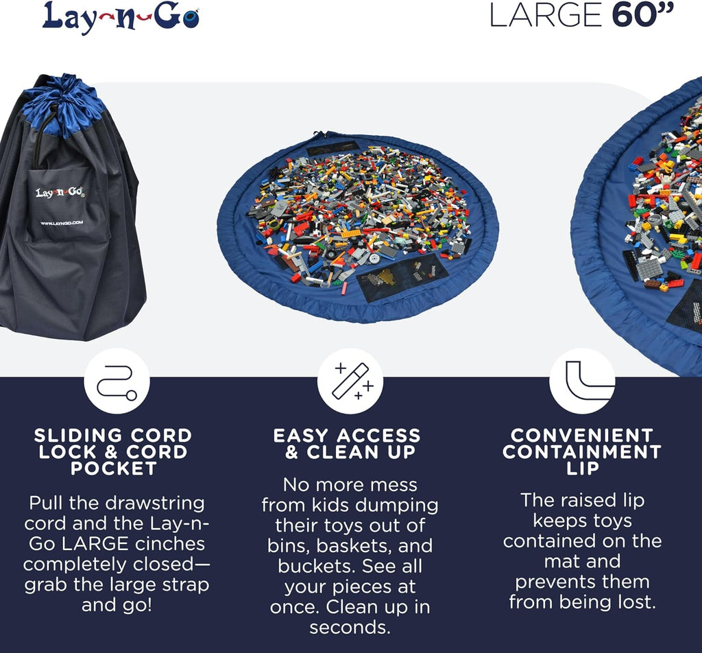 Lay-n-Go 2-in-1 Small Portable Drawstring Toys Storage Organizer and Play Mat for Room and Travel, Made for Kids and Toddlers with a Durable Patented Design