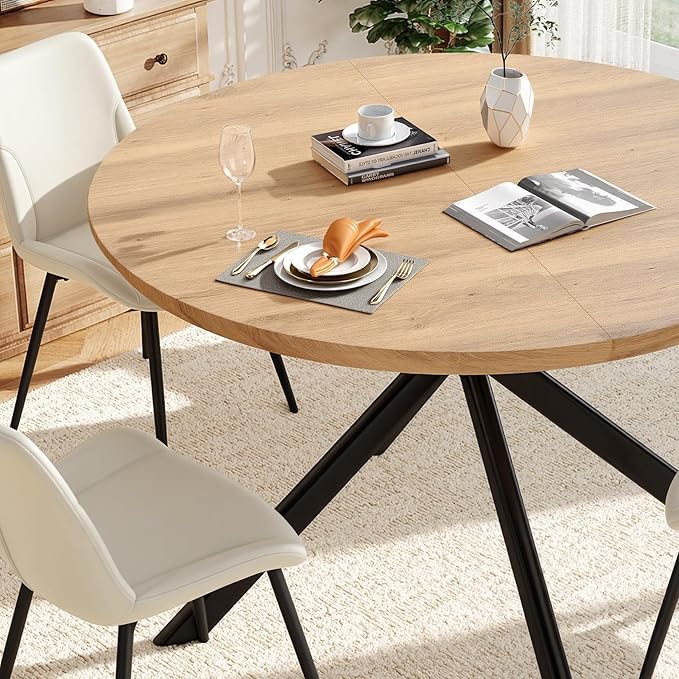47.2" 5-Piece Round Dining Table Set for 4, Modern Wood Dining Table with 4 Upholstered Chairs, Kitchen & Dining Room Table Set with Metal Base for Apartment, Small Space, Natural Table+4 Beige Chairs