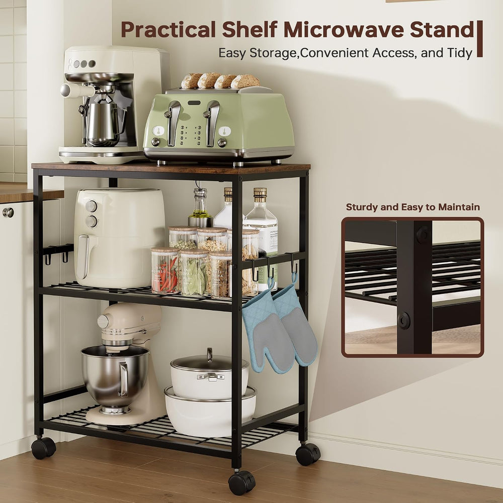 itchen Rolling Cart, 3-Tier Microwave Stand with Lockable Wheels, One-Piece S...