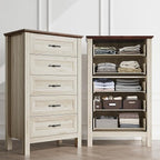 LINSY HOME Tall Dresser for Bedroom with 5 Drawers, 45" Tall Dressers & Chests of Drawers, Modern Farmhouse Large Vertical Dresser with Wood Legs for Bedroom, Closet, Living Room, Hallway, Beige