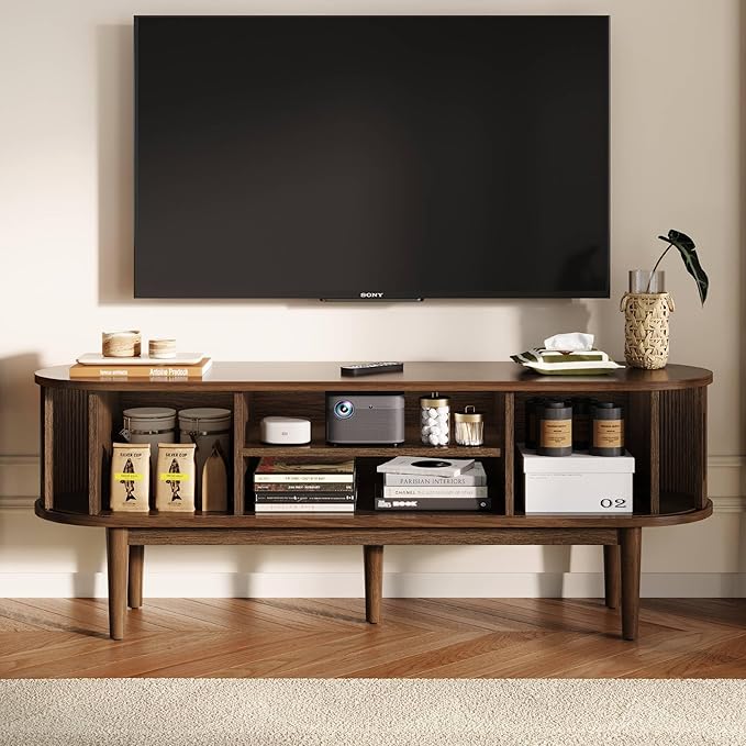 LINSY Home TV Stand for 65" TV, Mid-Century Modern 58" Entertainment Center with Sliding Tambour Door and Storage Cabinet, Cruved TV Media Console Table for Living Room, Bedroom, Walnut