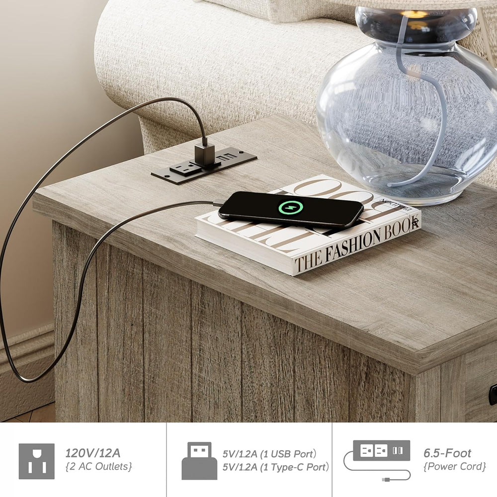 WAMPAT 2 Pack End Tables with Charging Station, Farmhouse Side Table with Dra...
