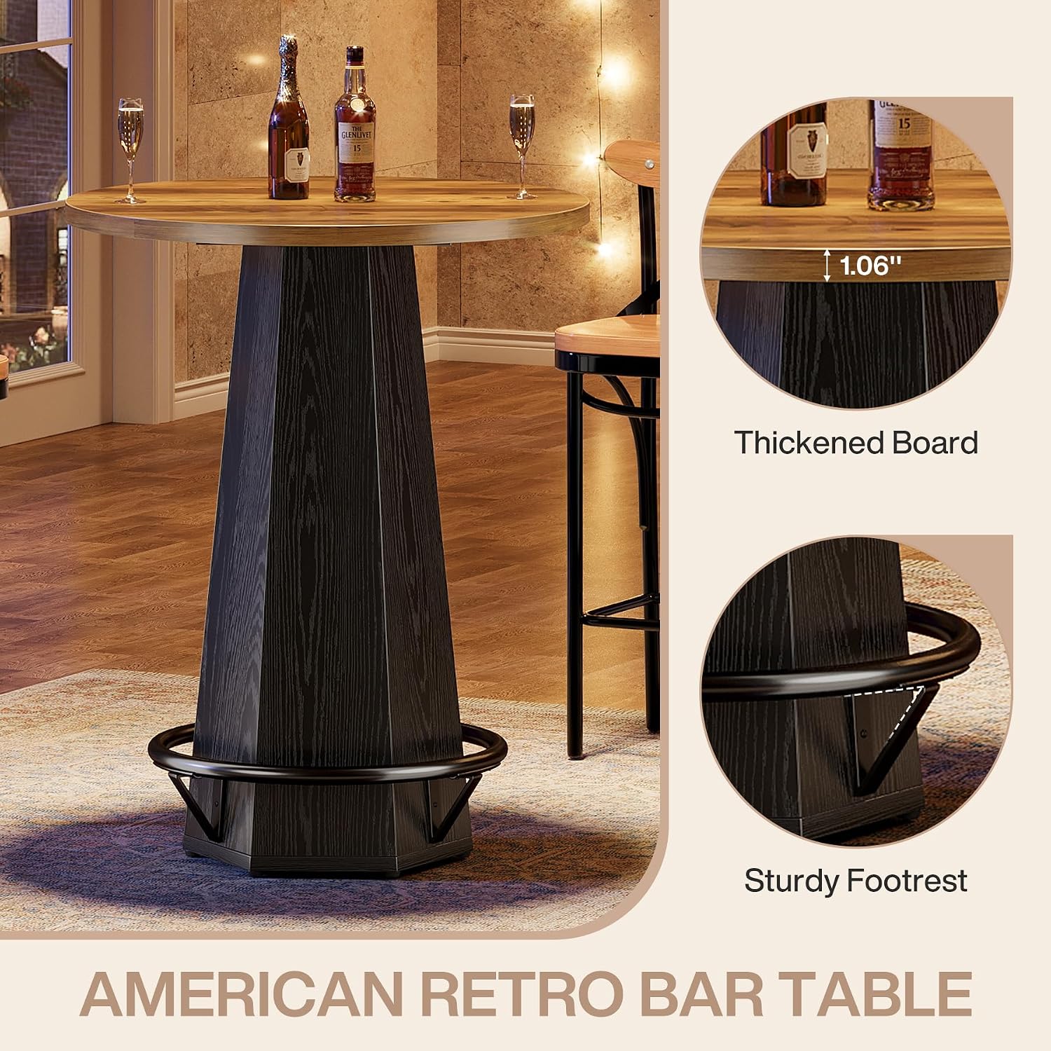 Tribesigns Round Bar Pub Table High Top, 39.4" H Bistro Cocktail Table with Metal Footrest for Drinking & Gathering, Industrial Home Bar Unit, Small Spaces, Brown & Black