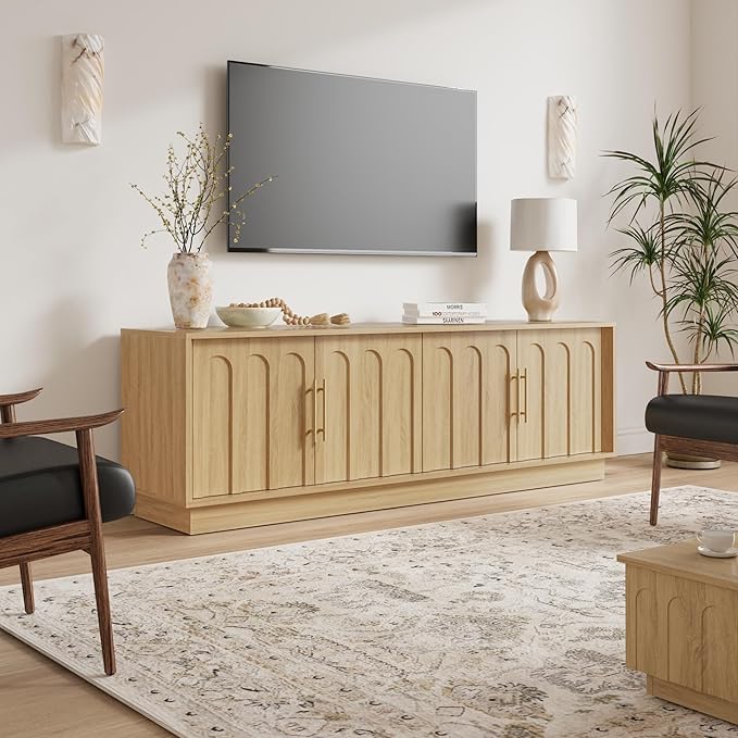 TV Stand for 75 Inch TV, Mid Century Modern TV Stand with Arched Design, Wood Grain Finish, Boho Media Console with Adjustable Shelves, 67" Entertainment Center for Living Room Bedroom, Oak