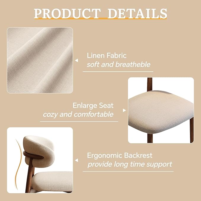 Dining Chairs Set of 6 for Kitchen Dining Table Mid Century Modern Farmhouse Upholstered Linen Dining Room Chairs with Metal Legs, Walnut Beige