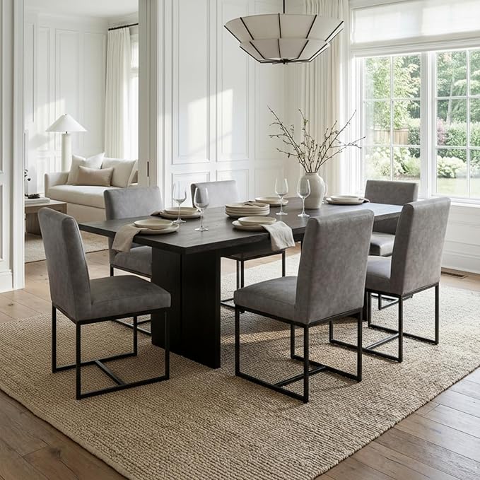 CIMOTA Modern Dining Chairs Set of 4, Leather Dining Room Chairs Upholstered Mid Century Armless Guest Side Chair with Black Base for Dining Room/Kitchen, Vintage Grey 4PCS