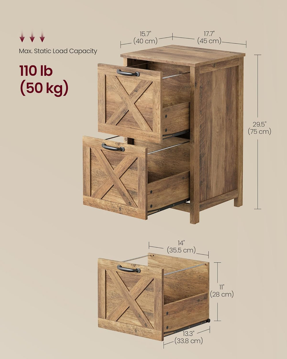 VASAGLE File Cabinet, 2-Drawer Filing Cabinet for Home Office, Modern Farmhou...