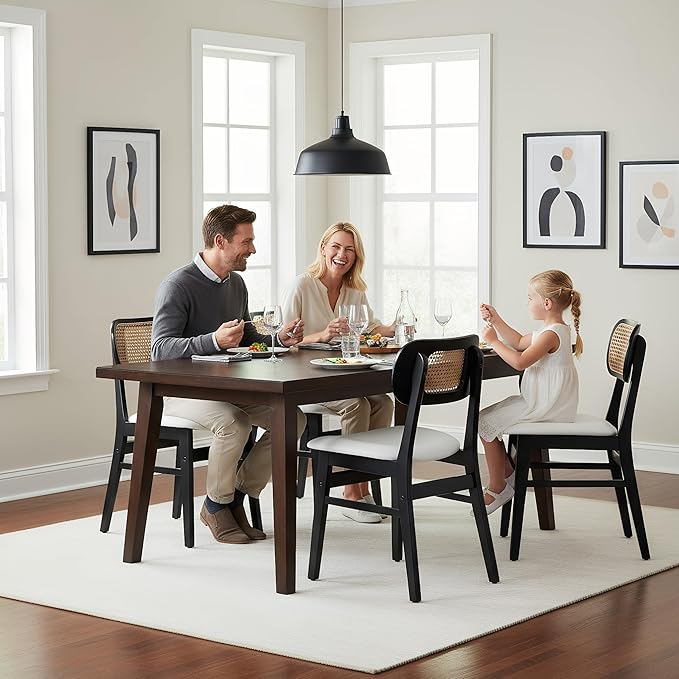 Rattan Dining Chairs Set of 6 Black Wooden Dining Room Chairs White Faux Leather Kitchen Chairs with Back Farmhouse Side Chairs, Natural Wood