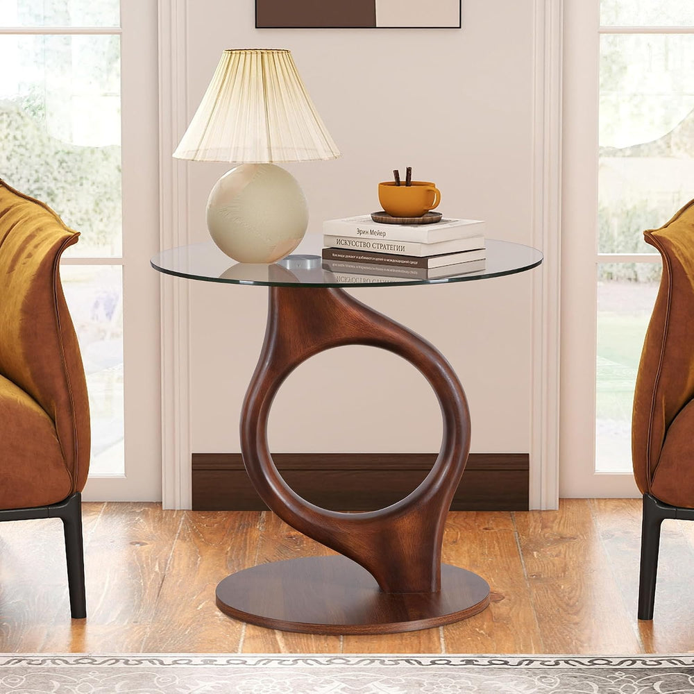 27.5” Large Glass End Table, Round Side Tables with Tempered Glass Tabletop, ...