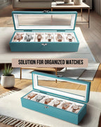 Watch Box, Watch Case for Men Women with Large Glass Lid, Wooden Watch Display Storage Box with 6 - Slots, Ocean Blue Mens Watch Box Organizer