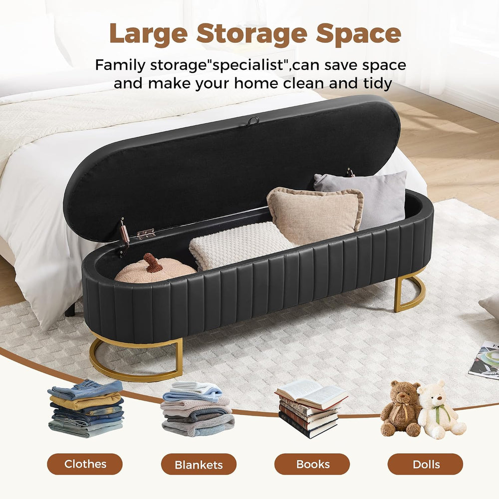 Storage Ottoman Bench, 63" Faux Leather End of Bed Bench Bedroom Bench K...