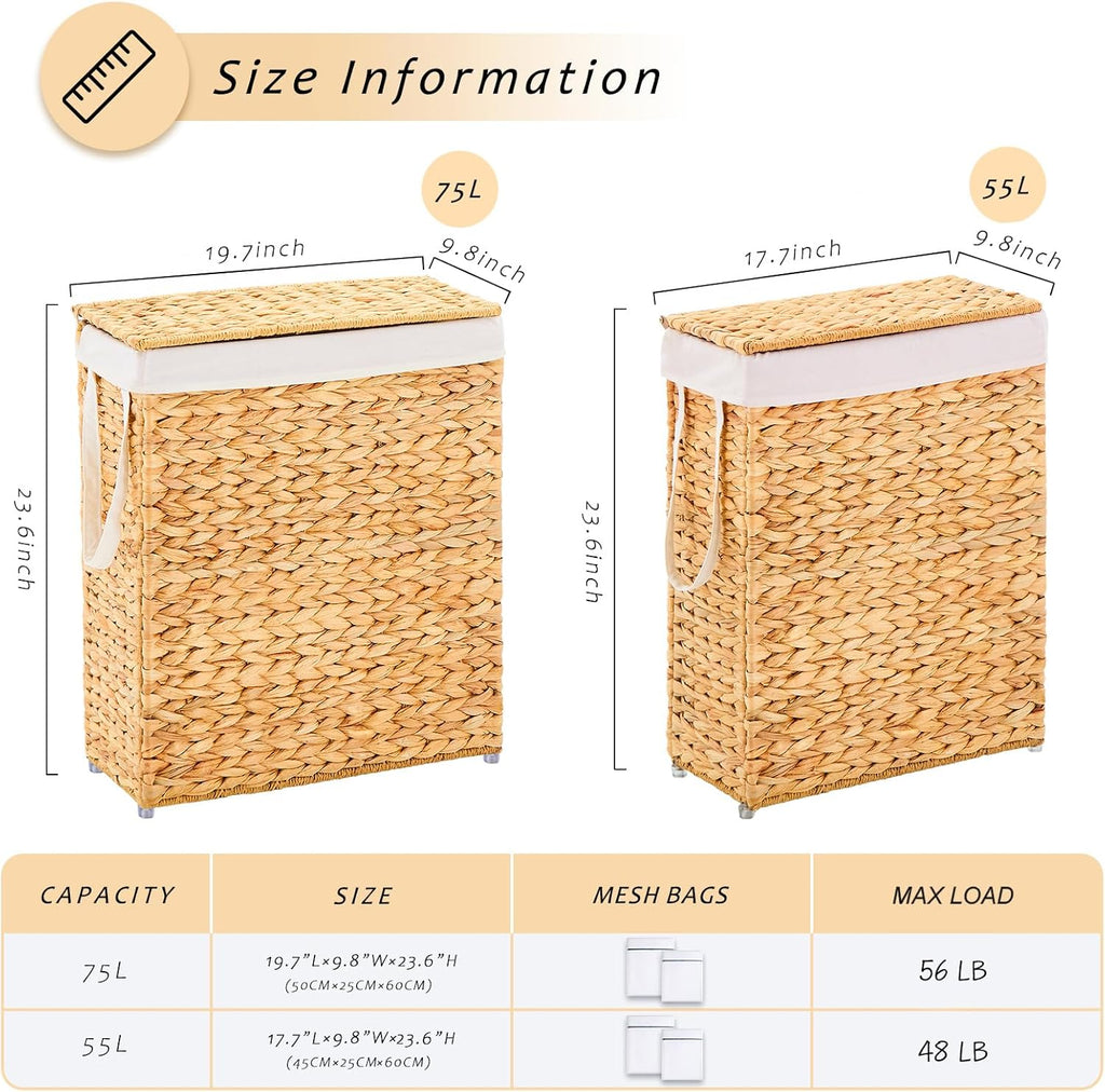 Handwoven Slim Laundry Hamper with Lid, 55L Natural Water Hyacinth Basket and Handles, Narrow Wicker Laundry Basket with Removable Liner Bag & 2 Mesh Bags