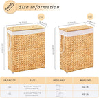 Handwoven Slim Laundry Hamper with Lid, 55L Natural Water Hyacinth Basket and Handles, Narrow Wicker Laundry Basket with Removable Liner Bag & 2 Mesh Bags