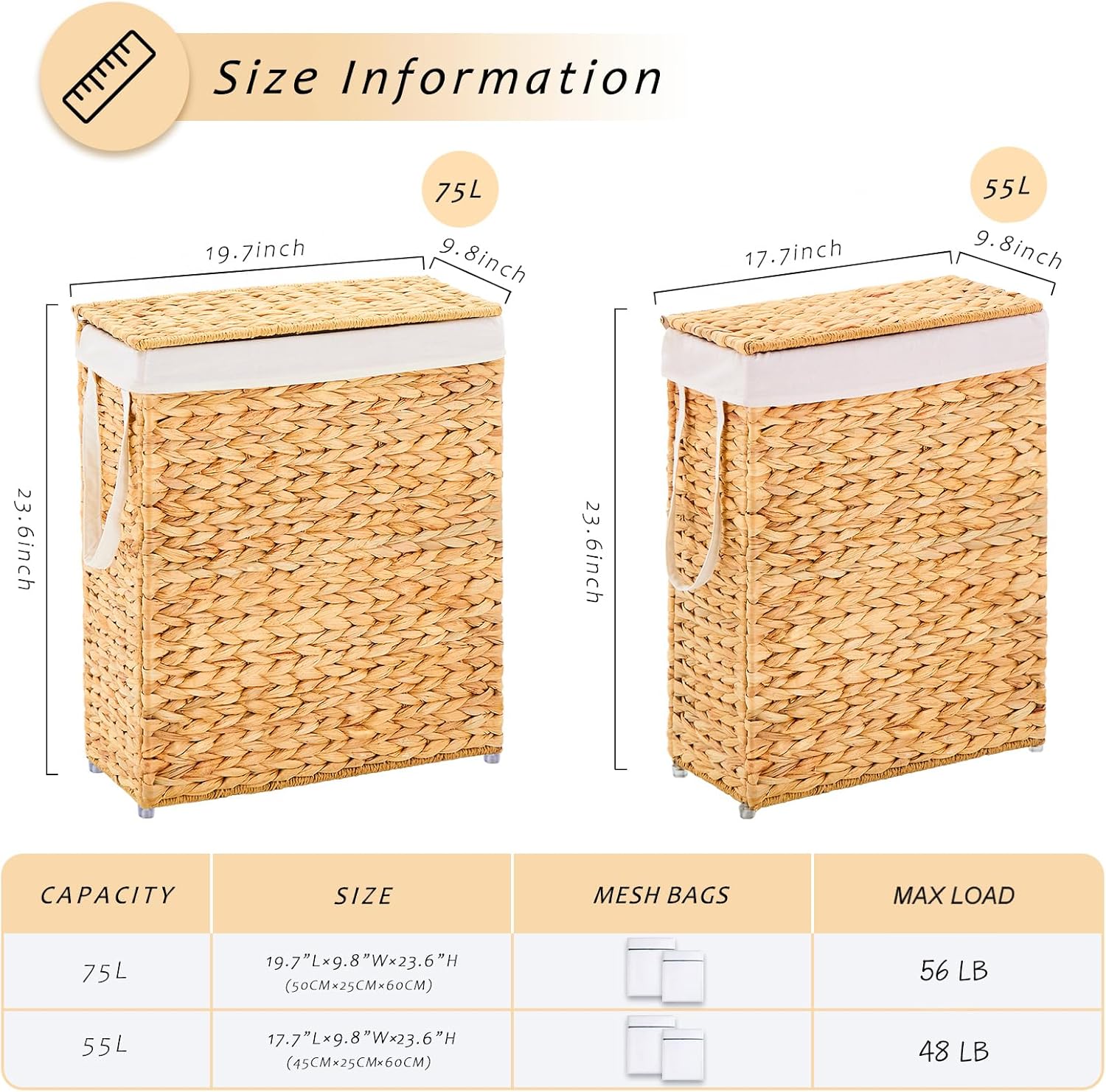 Handwoven Slim Laundry Hamper with Lid, 55L Natural Water Hyacinth Basket and Handles, Narrow Wicker Laundry Basket with Removable Liner Bag & 2 Mesh Bags