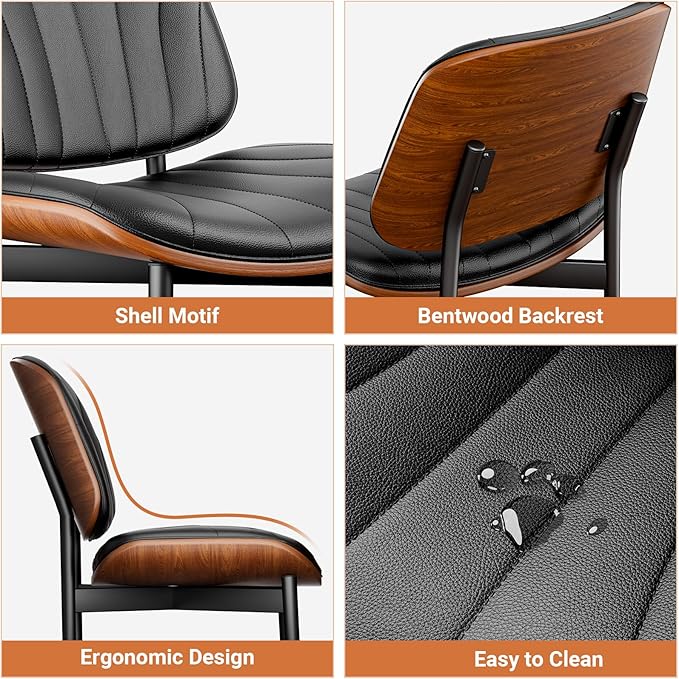 Dining Chairs Set of 6, Dining Room and Kitchen Chairs, FSC Certified Mid Century Modern Accent Chair, Upholstered PU Leather Chairs for Vanity with Walnut Bentwood and Metal Legs, Black