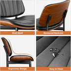 Dining Chairs Set of 6, Dining Room and Kitchen Chairs, FSC Certified Mid Century Modern Accent Chair, Upholstered PU Leather Chairs for Vanity with Walnut Bentwood and Metal Legs, Black