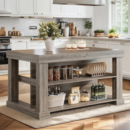 Tribesigns Kitchen Island with Seating and Storage, 55-Inch Farmhouse Stationary Island Table with Large Countertop, 3-Tier Wooden Center Bar Table for Kitchen, Dining Room, Grey
