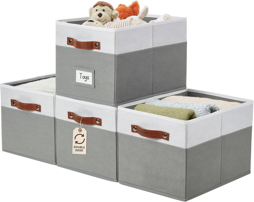 DECOMOMO Storage Bins, Storage Baskets for Shelves (Grey & White) | 4 Pack Fabric Storage Bins, 15" x 11" x 9.9" Foldable Storage Bins with Labels
