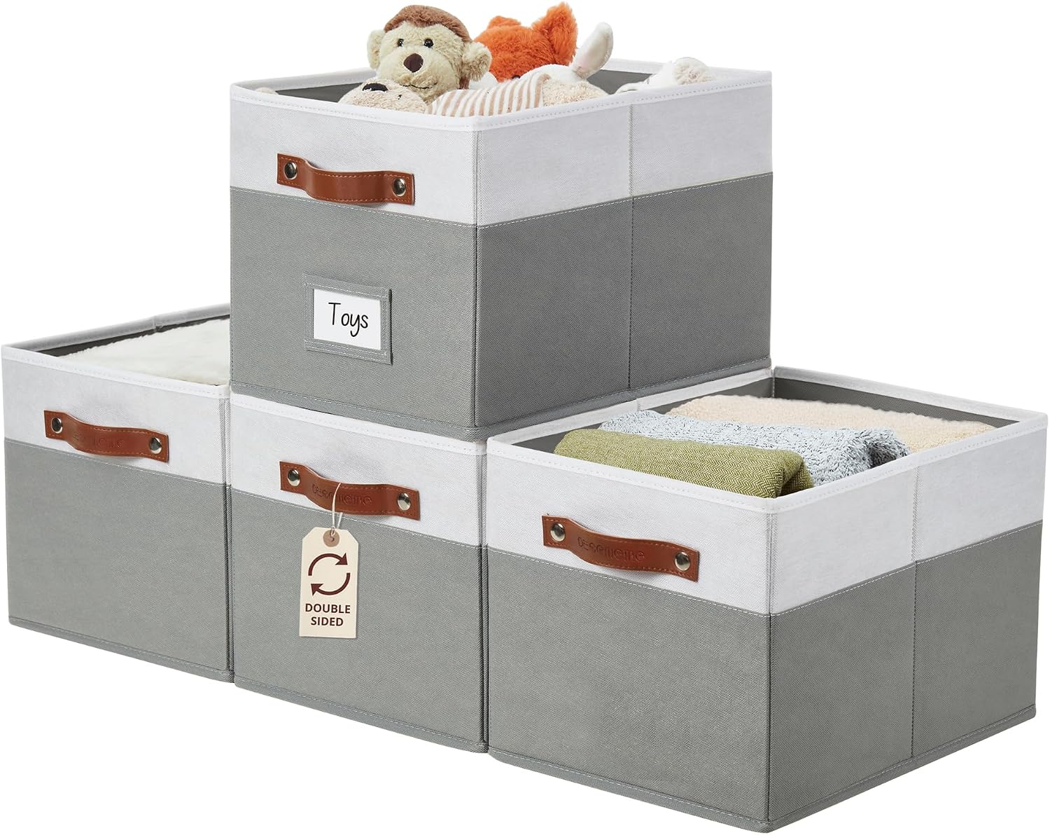 DECOMOMO Storage Bins, Storage Baskets for Shelves (Grey & White) | 4 Pack Fabric Storage Bins, 15" x 11" x 9.9" Foldable Storage Bins with Labels