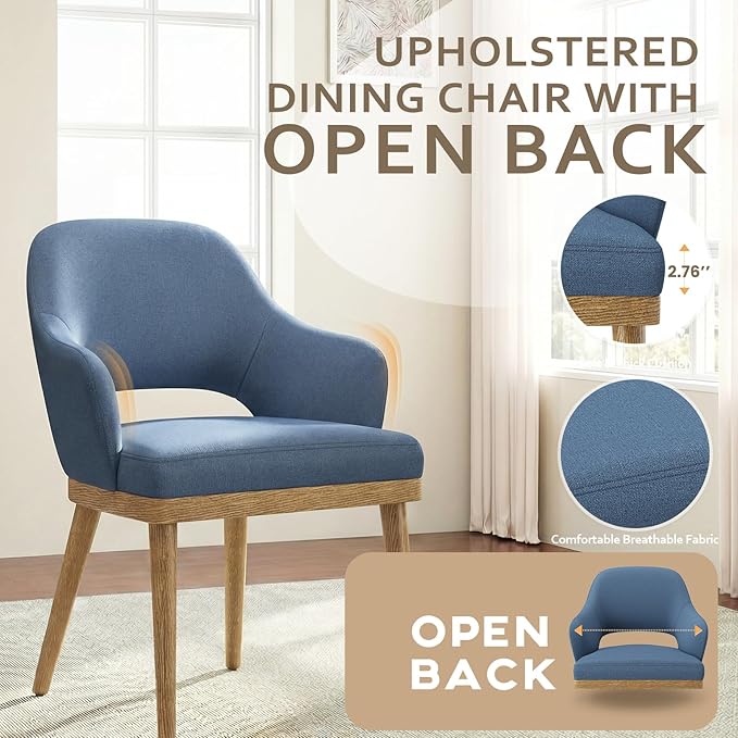 Wooden Dining Chairs Set of 4, Modern Fabric Upholstered Dining Room Chair, Kitchen Side Chairs, Farmhouse Dinner Chair with Open Back for Kitchen, Blue