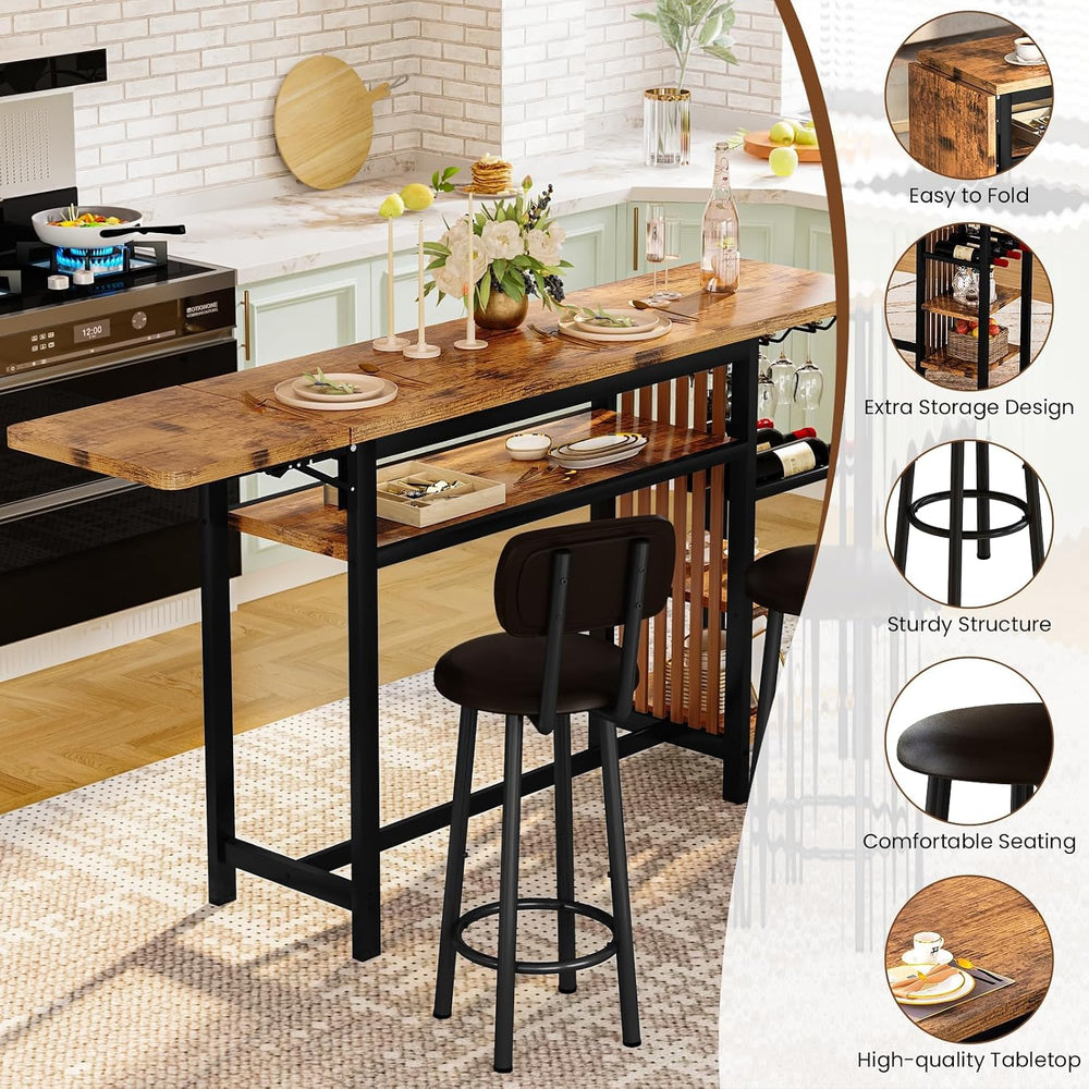 Recaceik Bar Dining Table Set, 59" Expandable Kitchen Counter Height Din...