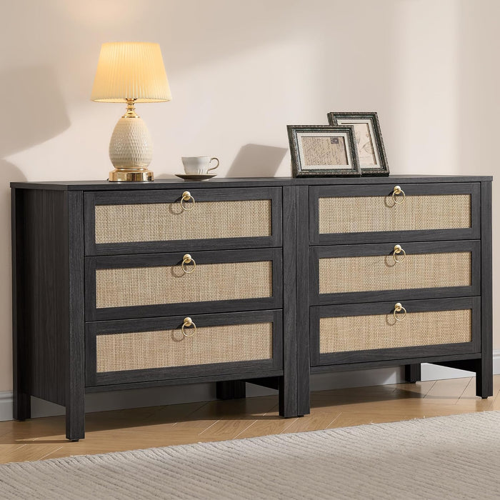 SICOTAS Rattan Nightstand Set of 2 with Drawers, Boho Large Bedside Tables | Wide Night Stand Set of 2 with 3 Drawers, Bedside Tables for Bedroom, Guest Room, Apartment, and Dorm Room, Bedroom Storage