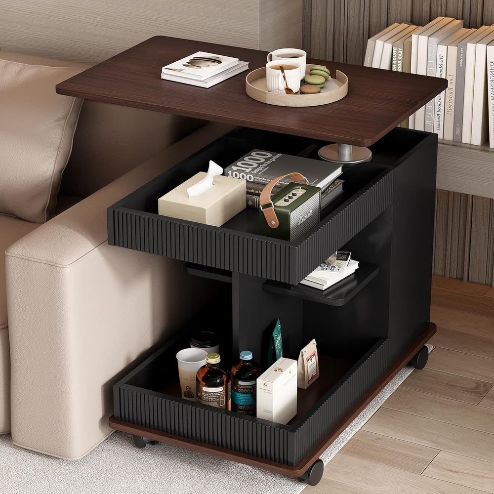 Modern Adjustable End Table with Wheels, 360° Rotating and Adjustable Lift-To...