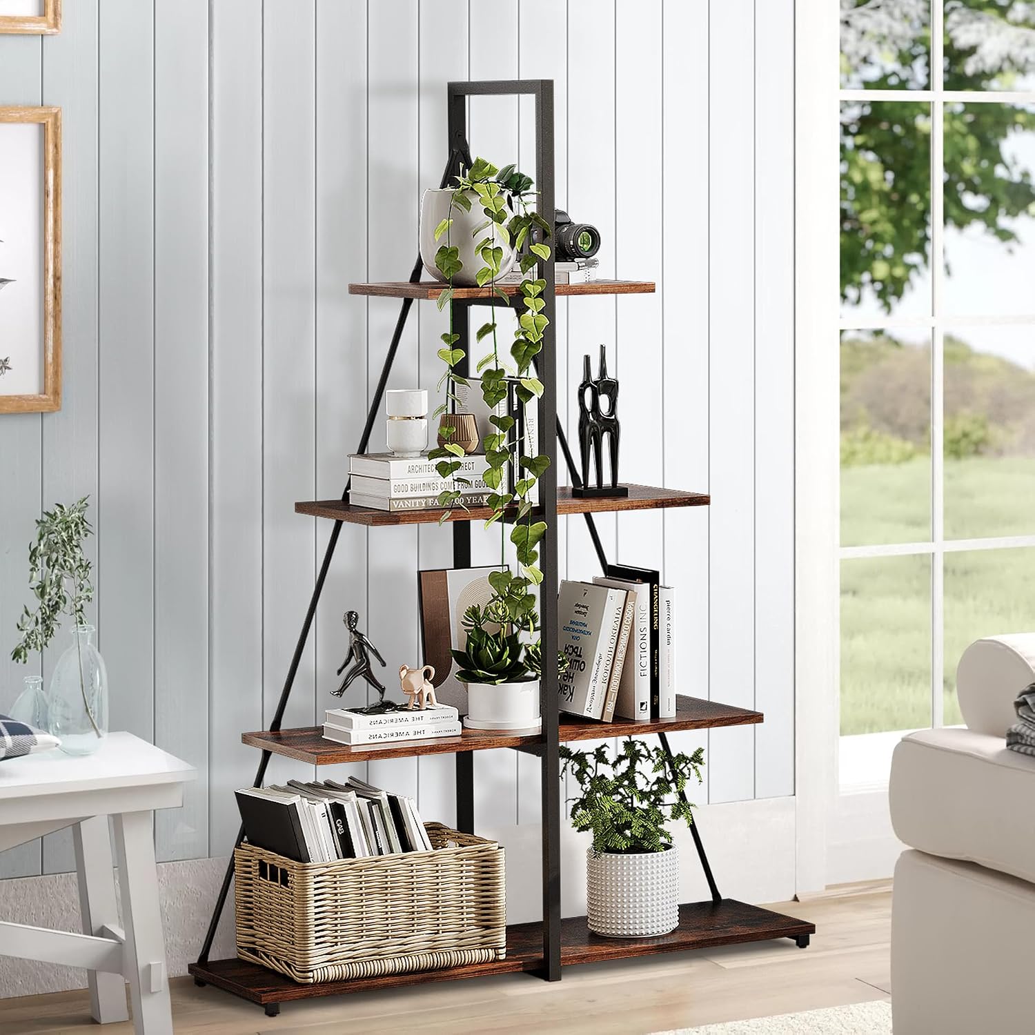 IDEALHOUSE 4-Tier A-Shaped Ladder Bookshelf, Industrial Metal Frame Storage Display Shelf, Tall Ladder Shelving Organizer with Black Iron & Retro Color Board for Living Room, Home Office