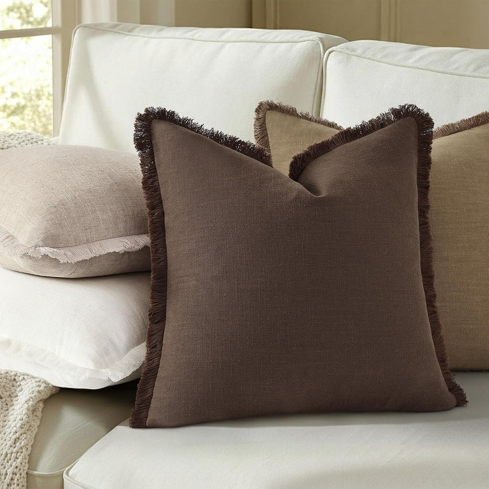 decorUhome Linen Fringe Chocolate Throw Pillow Covers 18x18 Set of 2