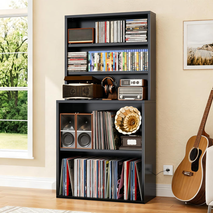 Media Storage Cabinet, Heavy-Duty Metal Record Player Stand with Open Display Shelves for LPs, CDs, Books & Audio Equipment, Modern DVD Shelf Organizer for Living Room, Home Office, Black