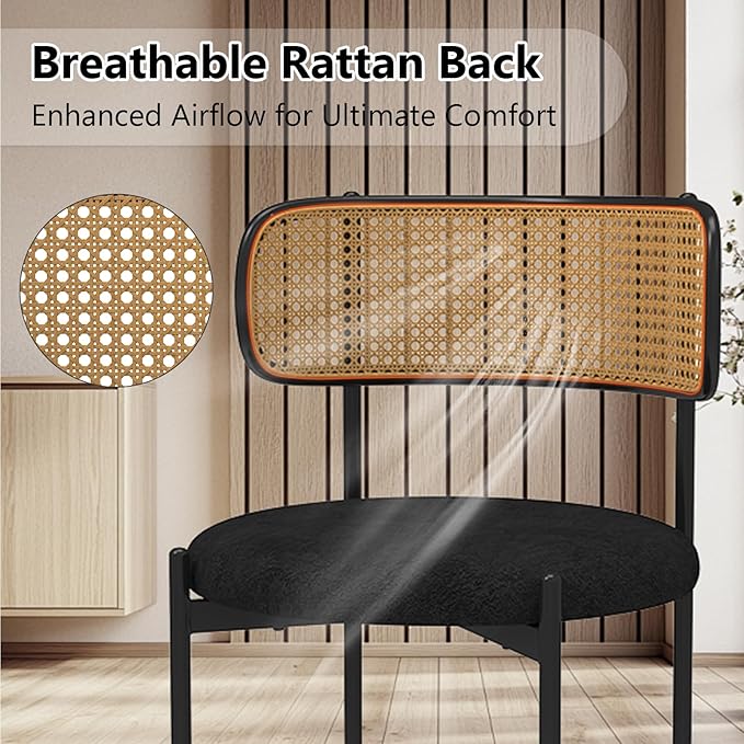 Mid Century Modern Dining Chairs Set of 2 with Rattan Backrest,Velvet Upholstered Accent Kitchen & Dining Room Chairs with Sturdy Metal Frame,Black