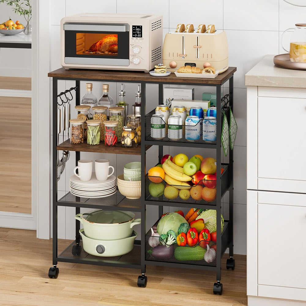 HapiRm Rolling Kitchen Carts with Storage - Microwave Table Stand with 6 Hook...
