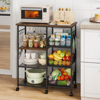 HapiRm Rolling Kitchen Carts with Storage - Microwave Table Stand with 6 Hooks & 3 Baskets, kitchen Island Cart on Lockable Wheels, 28.3" L × 14.6" W Bakers Rack Cart for Dining Room Coffee Bar Office