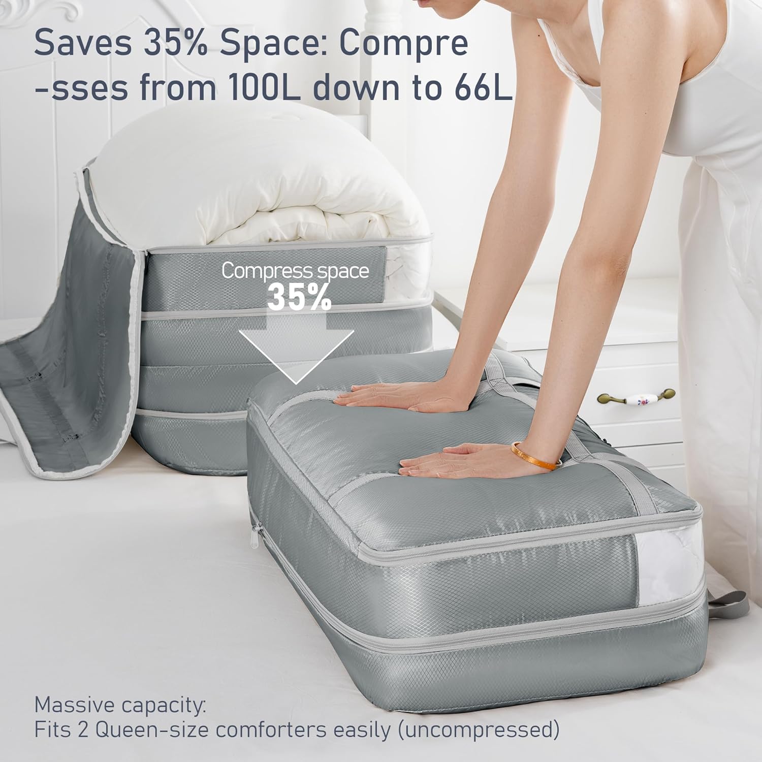 DIMJ Compression Moving Bags - Extra Large Heavy Duty Comforter Storage Bag with Window, Packing Totes With Strong Handles & Zipper, Space Saving Box Containers For Blanket, Clothes, Bedding, 4Pack