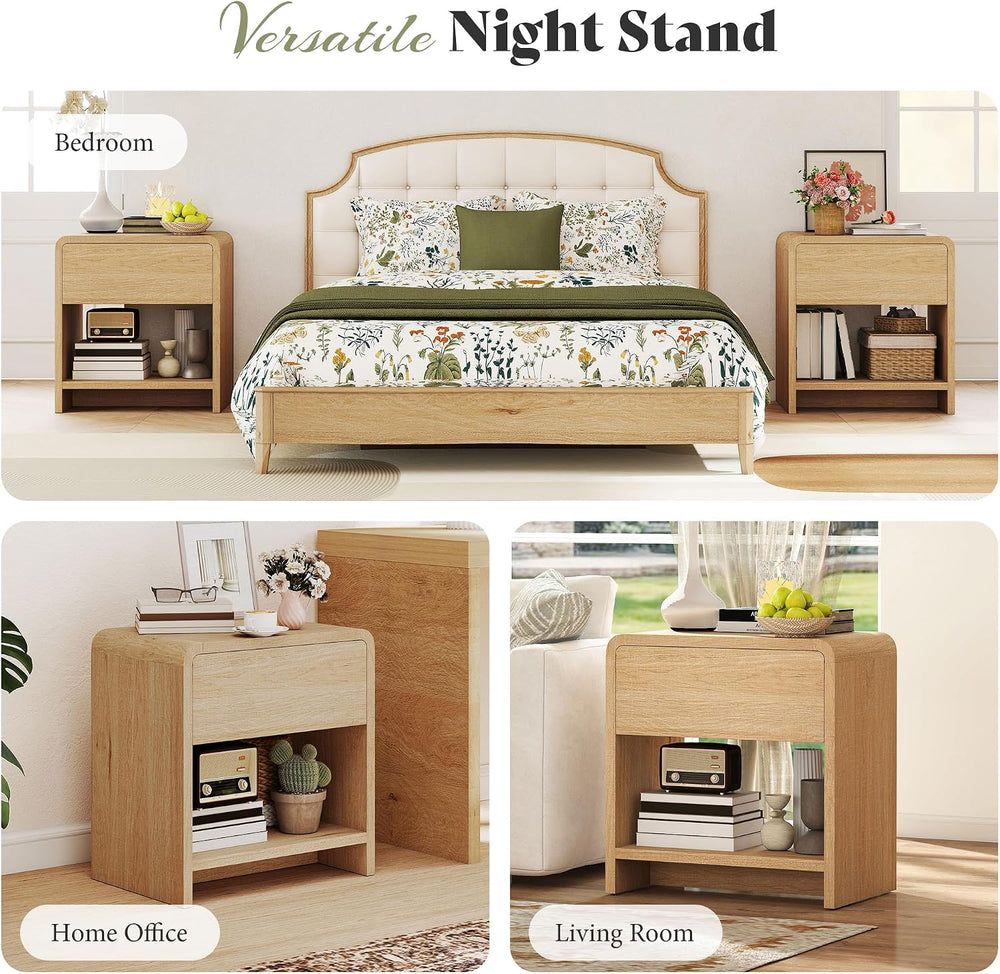 MERLIFE Modern Night Stand Set 2 with Storage Drawer & Open Shelves, Oak ...