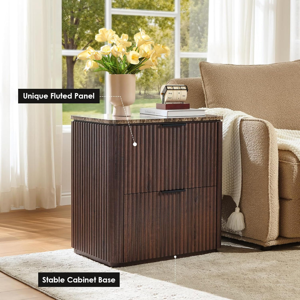 Fluted Nightstand with 2 Drawers, Bedside Table with Faux Marble-Top, Engineered Wood End Table with Curved Corners, Metal Handle, Modern Night Stand for Bedroom, Small Spaces, Dark Oak