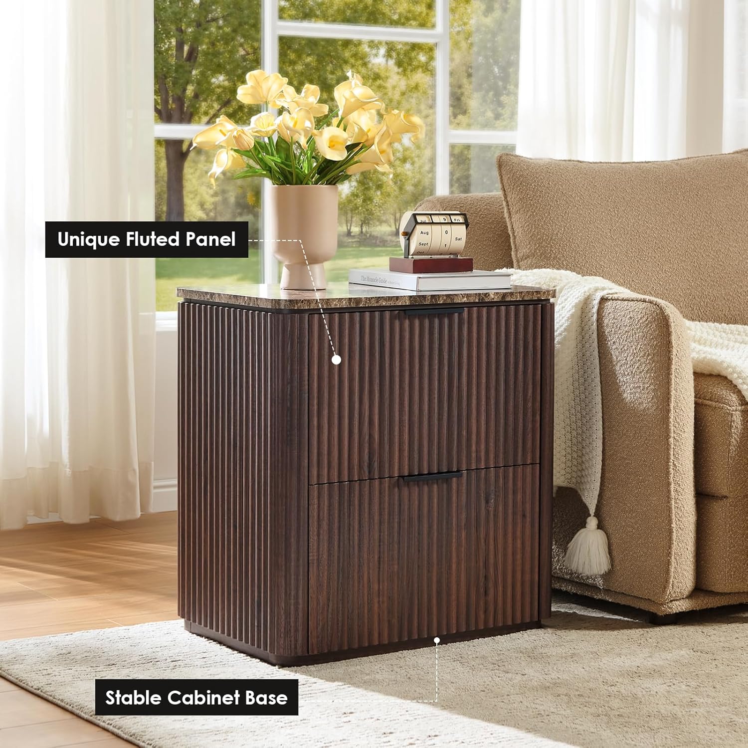 Fluted Nightstand with 2 Drawers, Bedside Table with Faux Marble-Top, Engineered Wood End Table with Curved Corners, Metal Handle, Modern Night Stand for Bedroom, Small Spaces, Dark Oak