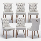 Linen Upholstered Dining Chairs Set of 6, Modern Style Kitchen Side Chairs with Nailhead Trim and Wood Leg, Metal Pulling Ring for Dining Room Living Room, Beige