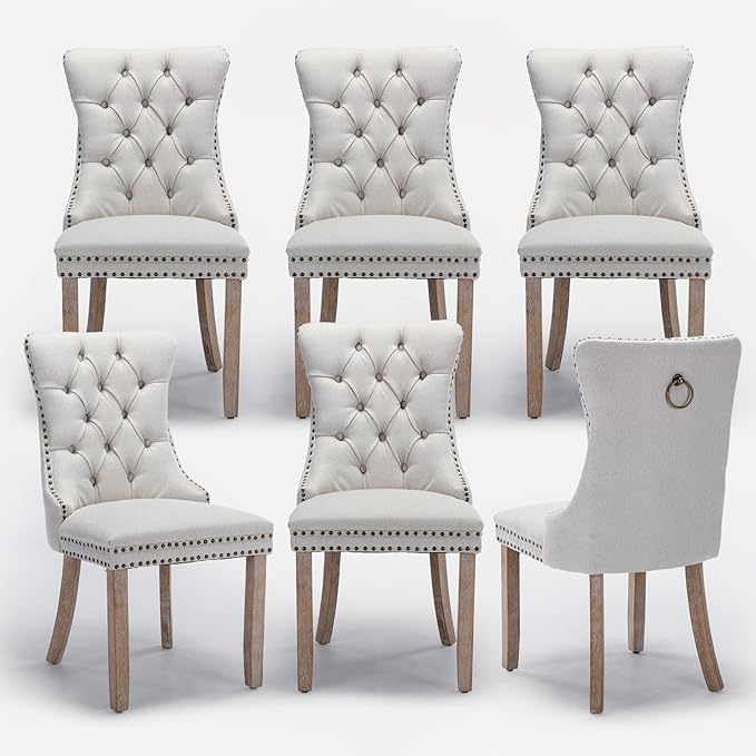 Linen Upholstered Dining Chairs Set of 6, Modern Style Kitchen Side Chairs with Nailhead Trim and Wood Leg, Metal Pulling Ring for Dining Room Living Room, Beige