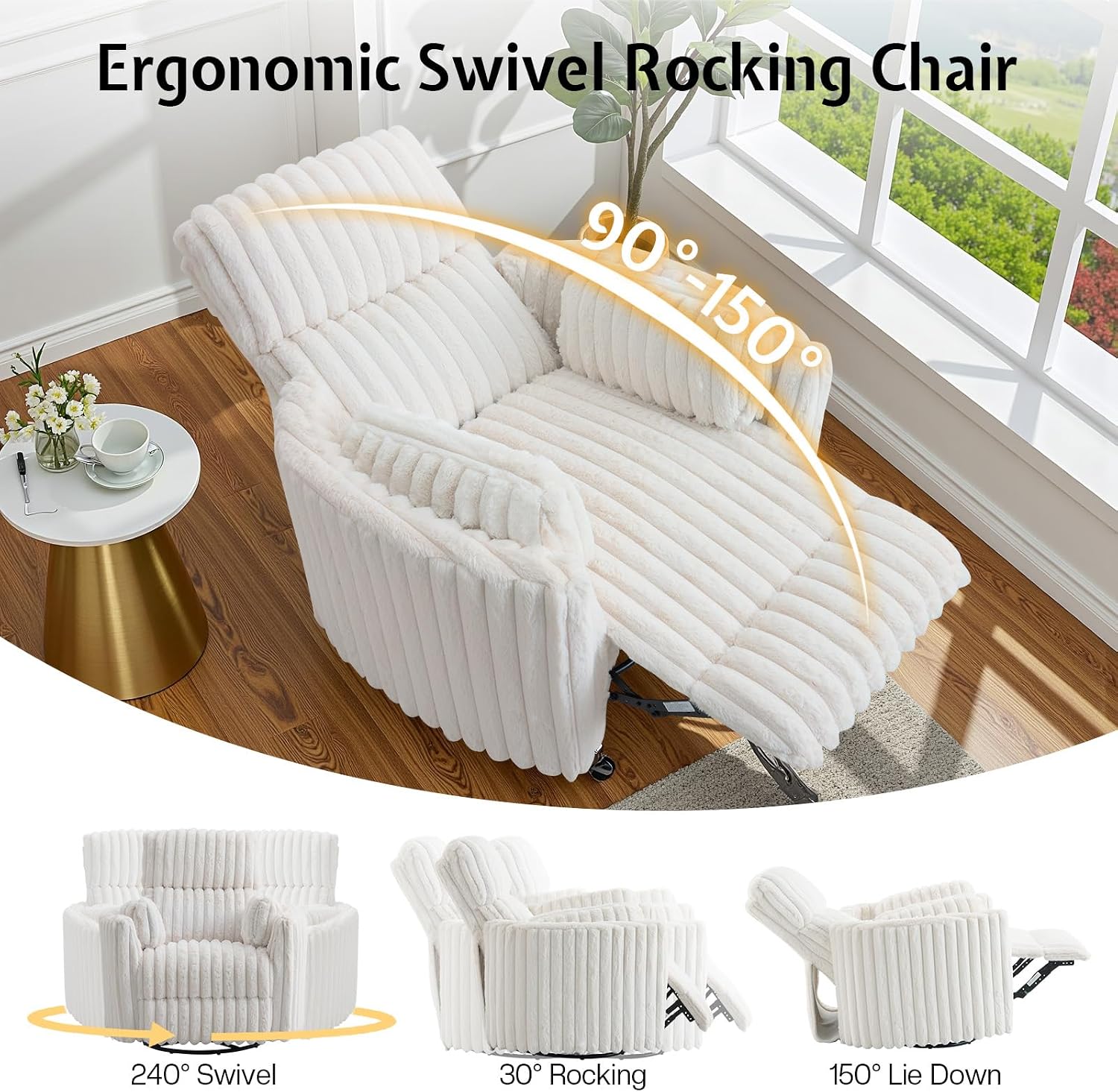 Jocisland Power Rocking Nursery Chair, Oversized Recliner Swivel Glider Chairs for Adults with 2 Pillows, USB & Type-C, Beige Corduroy