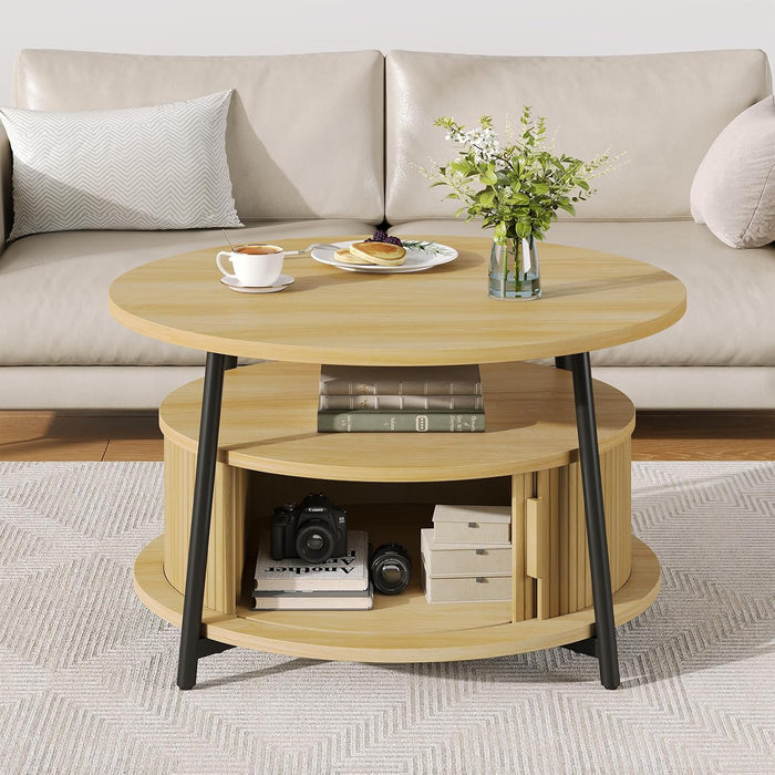 ONBRILL 31.5" Round Coffee Table with Storage and 2 Tiers, Oak