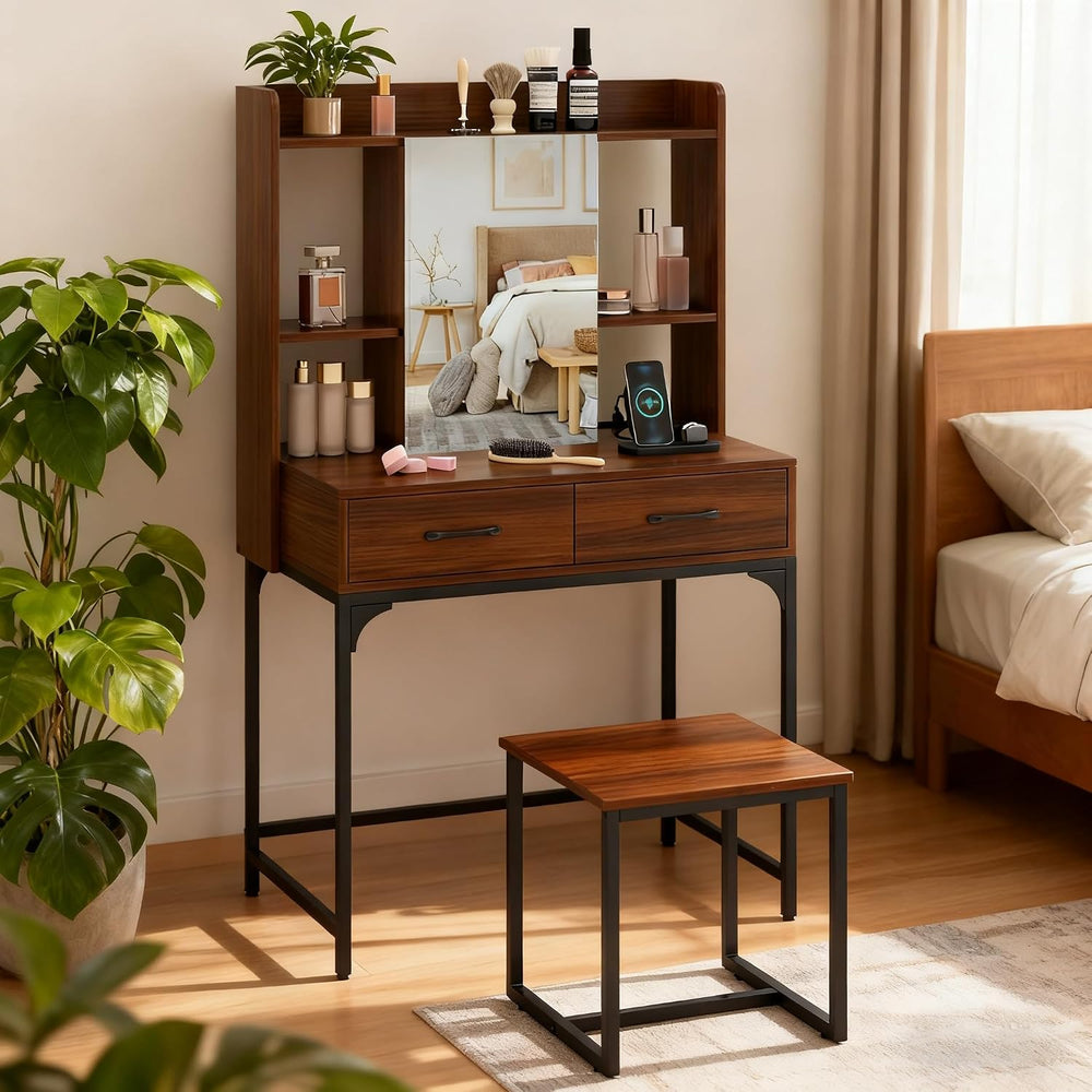 COSTWAY Vanity Desk with Mirror and Stool, Industrial Dressing Table with Pow...